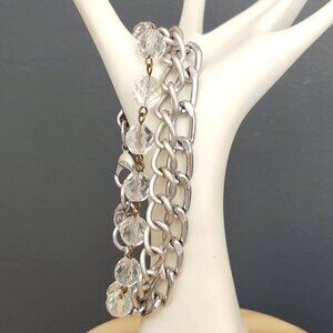 3 strand faceted round glass bead and silver chain bracelet